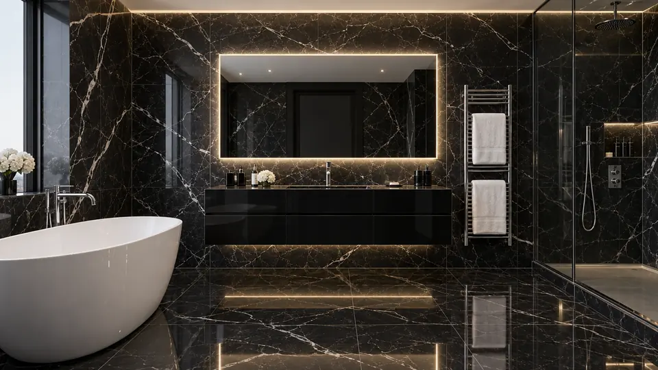 Bathroom in black marble with a backlit mirror
