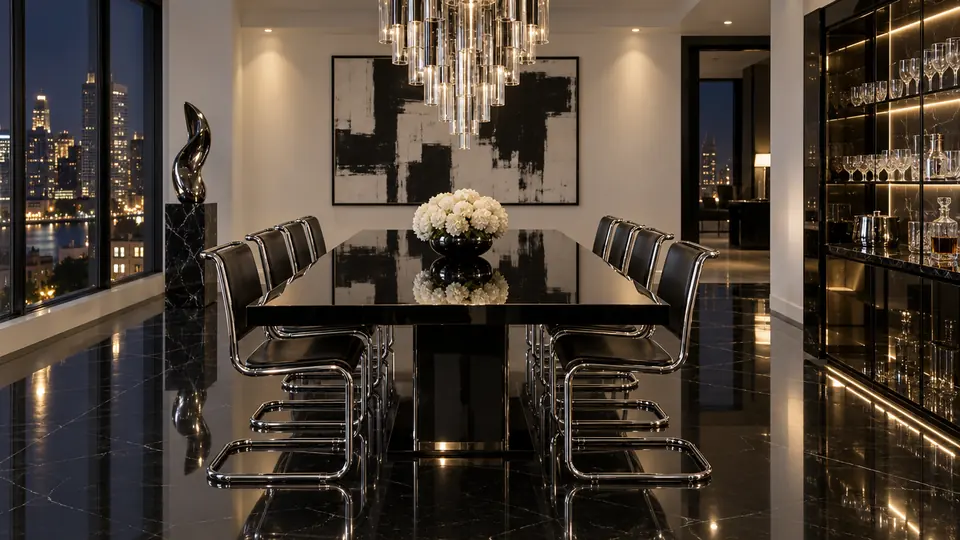 Dining room with a black lacquer table and chrome chairs