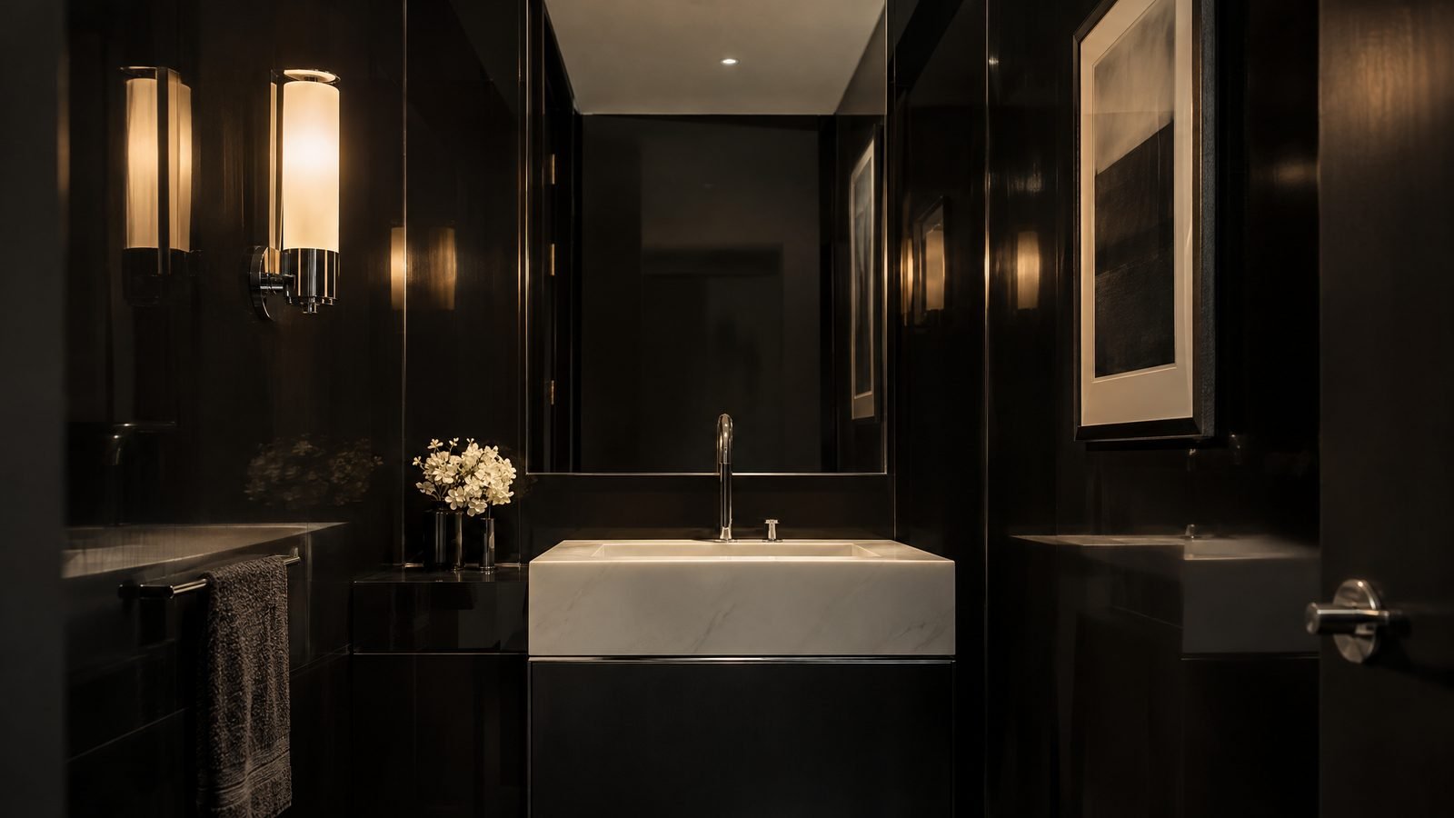 A small powder room with deep black gloss walls reflecting warm wall lamps, a white stone basin and a slim chrome tap.